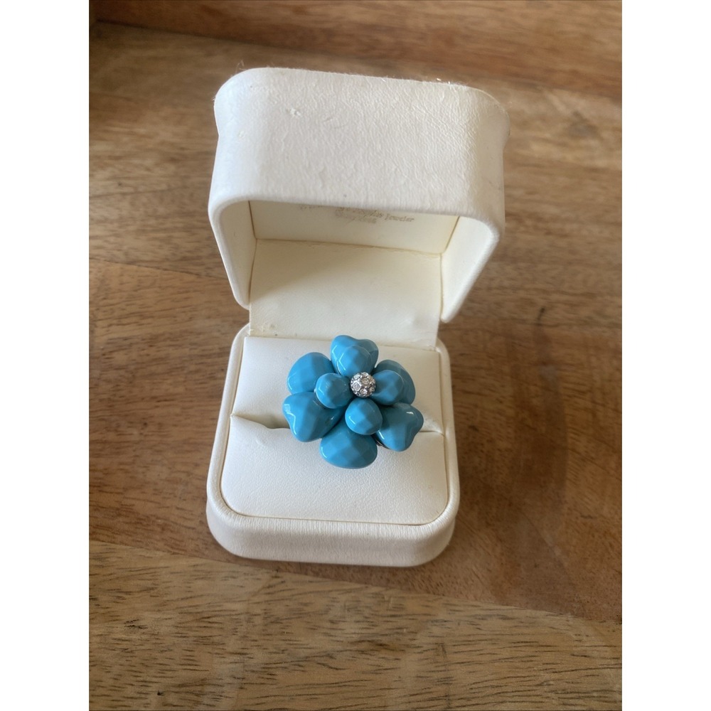 Camille Lucia Ring Plate Silver Rhodium Flower Camellia Blue Turquoise Sz 8.5
